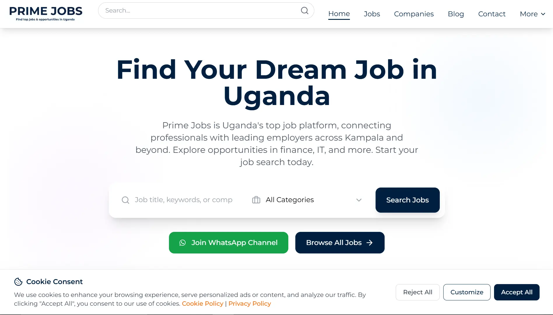 Screenshot of Prime Jobs Uganda website homepage